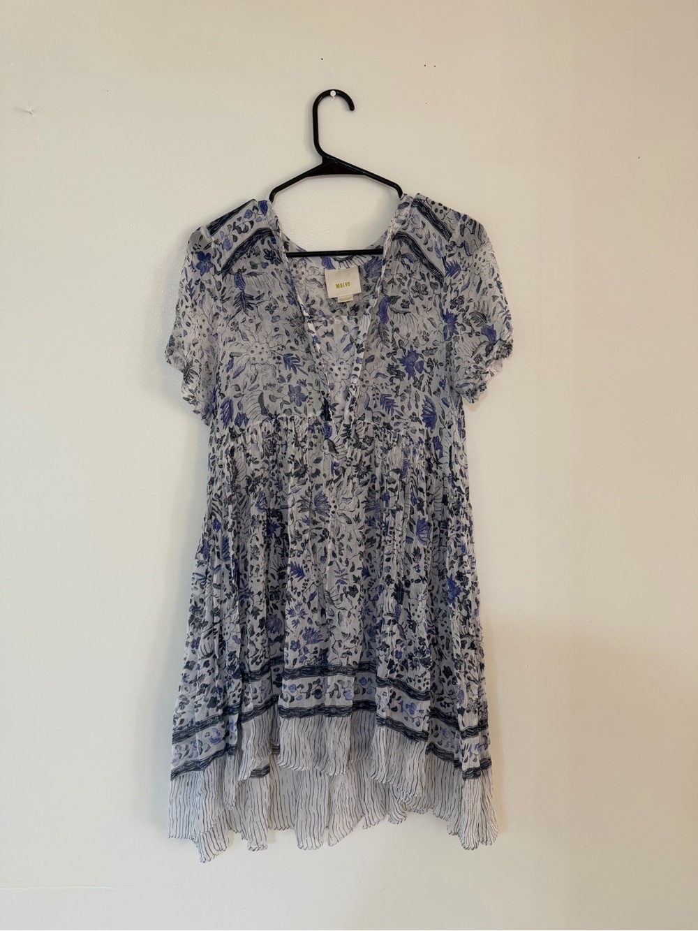 Maeve by anthropology Blue & White Floral V-Neck Smock Tunic